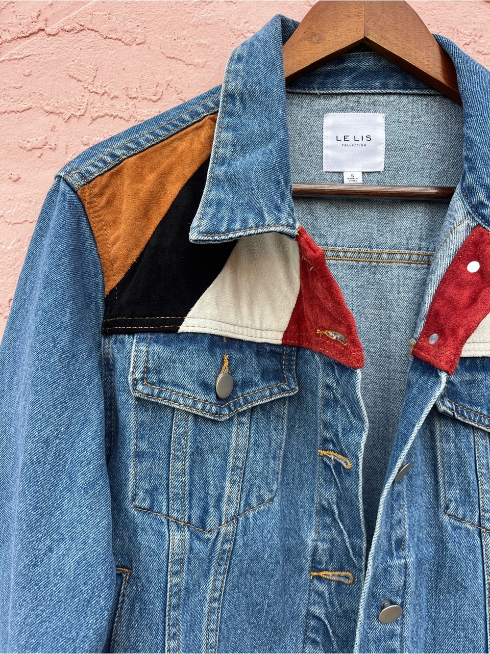 Le Lis Denim Jean Jacket Colorblock Patchwork Trucker Jacket Size Small